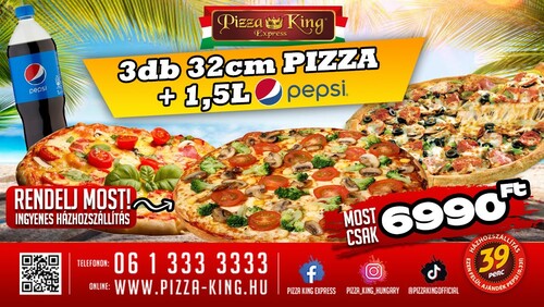 Pizza King 7 - 3 db normál pizza 1,5 literes Pepsivel - Szuper ajánlat - Online rendelés